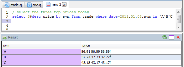 A keyed table result (purple column) 
				with a nested column containing three values per row.