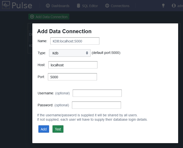 Adding a database connection in pulse