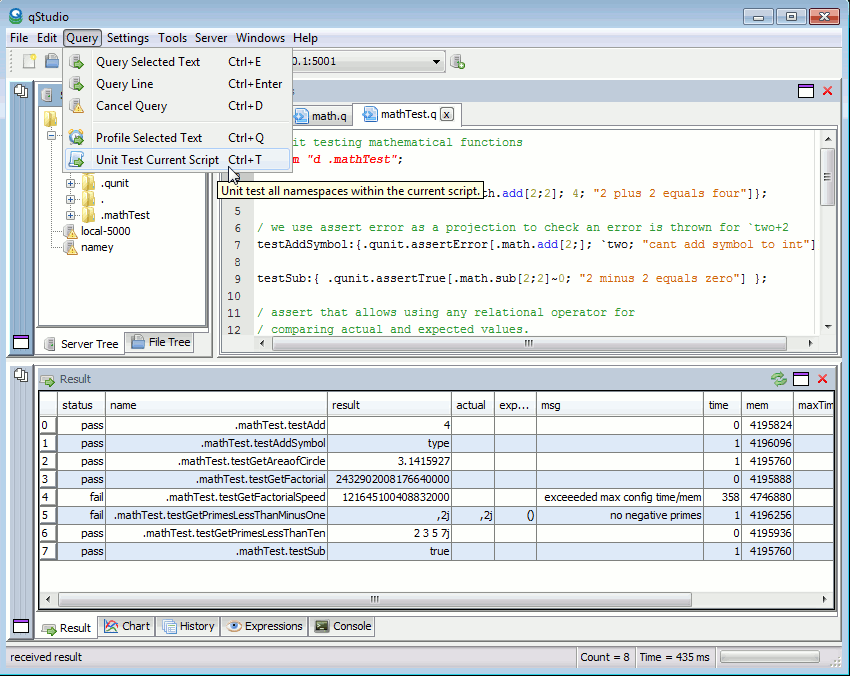 Running q unit tests within QStudio