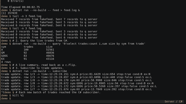 C# query and subscriber output beside the PeachQ server log