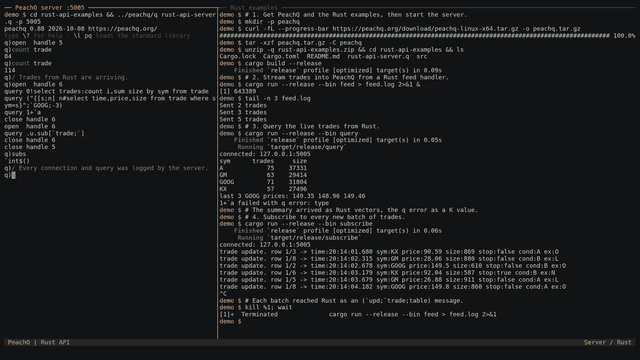 Rust feed, query and subscriber beside the PeachQ server log