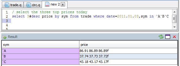 A qStudio result showing a keyed table with a nested price column
