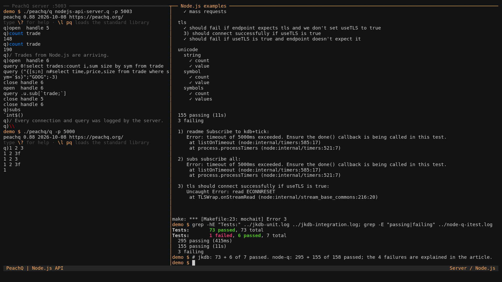 Terminal showing the jkdb and node-q test summaries