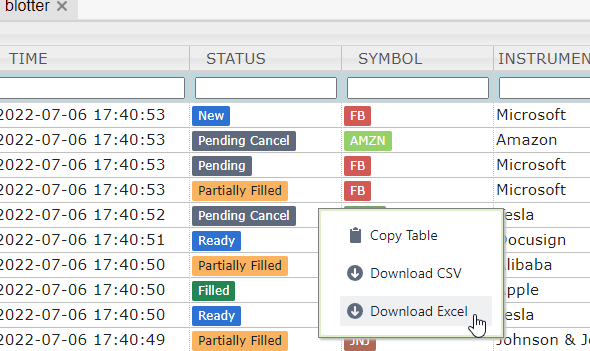 table right-click context menu showing export excel options