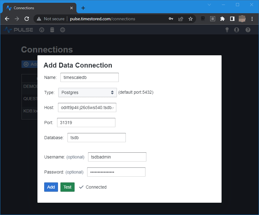 Pulse connecting to Timescale database