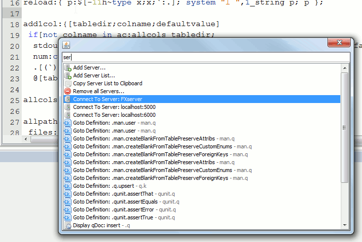 Searching for commands using the command bar, here we are changing the current server.