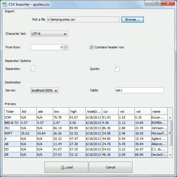 kdb+ csv loader screen