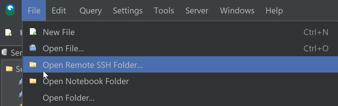 File menu showing Open Remote SSH Folder option