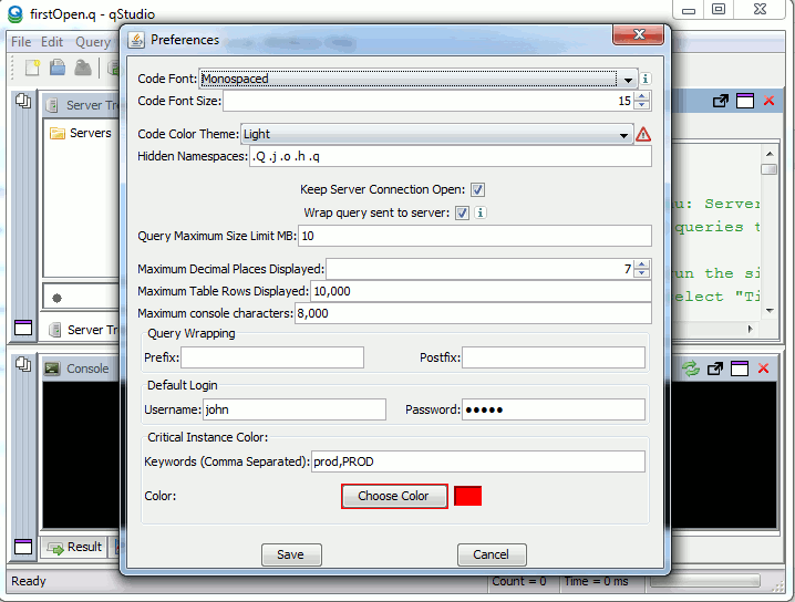 Specifying default kdb+ server password.