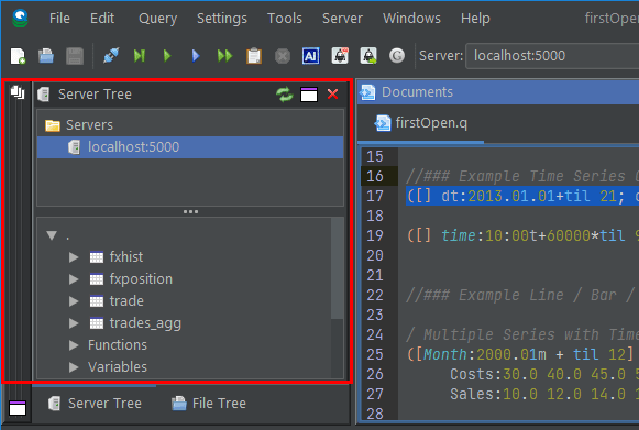 server tree showing the variables that exist on a kdb server